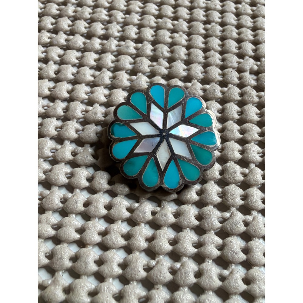 Vintage Zuni Sterling Silver Turquoise Mother of Pearl Inlay Sunface Pin Brooch